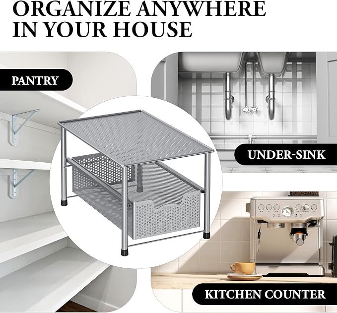Simple Houseware Stackable Under Sink Sliding Basket Drawer, Silver | Perforated Free Standing Organizer, Kitchen/Pantry/Cabinet/Counter