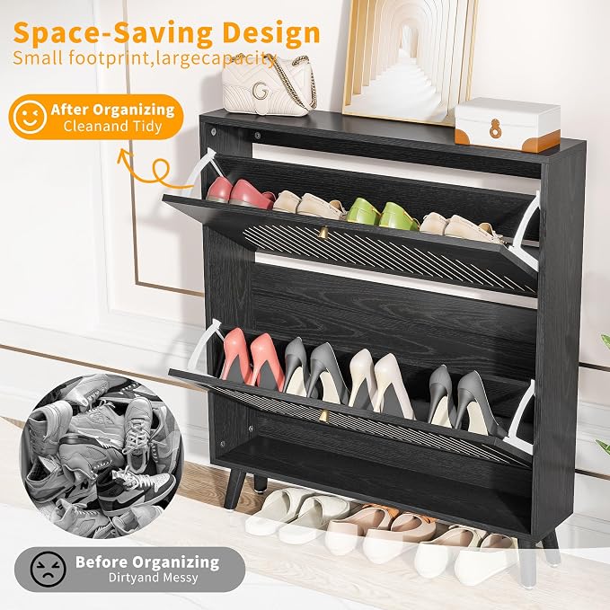 Fsbecl Shoe Storage Cabinet for Entryway with 2 Flip Drawers, Narrow Wood Shoe Cabinet with Fluted Panel, Freestanding Hidden Shoe Organizer for Hallway