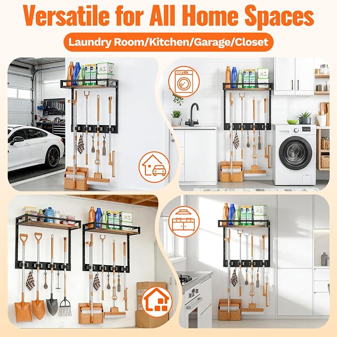 Broom Holder Wall Mount with Shelf, 15.7" Wx6.7 Dx15.7 H, 1 Pack | Load 66LBS, 4 Mop Hanger Grippers, 3 Hooks, for Laundry Room, Garage, Utility Closet, Kitchen