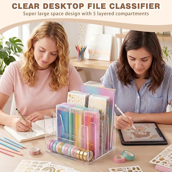 4 Section Clear Acrylic Desktop File Organizer Vertical File Sorter 4mm Thick, Large Capacity Upright Magazine Organizer, Book Paper, Notebooks, Envelopes, Mail Holder