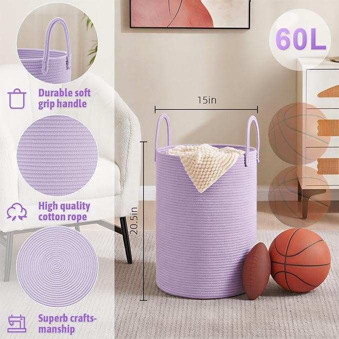 Artfeel Laundry Basket,Woven Cotton Rope Laundry Hamper,60L for Decorative Storage of Dirty Clothes,Toys and Blankets in Bathroom,Baby Room and Living Room