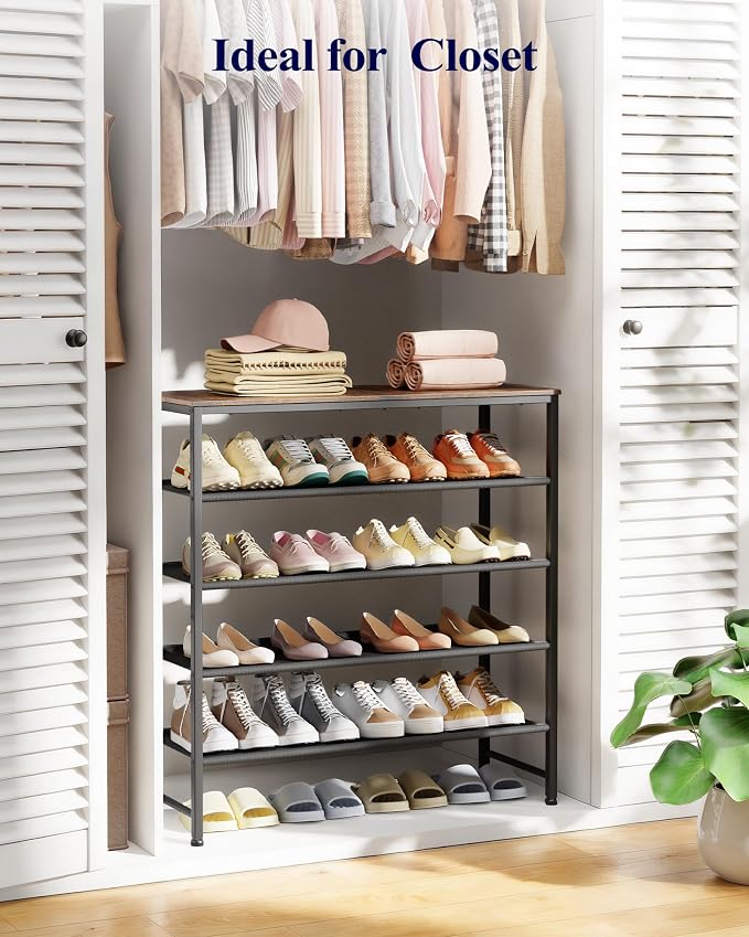 Kitsure 5-Tier Shoe Rack with Wooden Top, 29.5" x 11.4" x 31.1", Brown | Wooden Shoe Rack for Entryway, Closet, Metal Frame Shoe Storage for Closet, Space-Saving Shoe Rack Organizer with Table Top