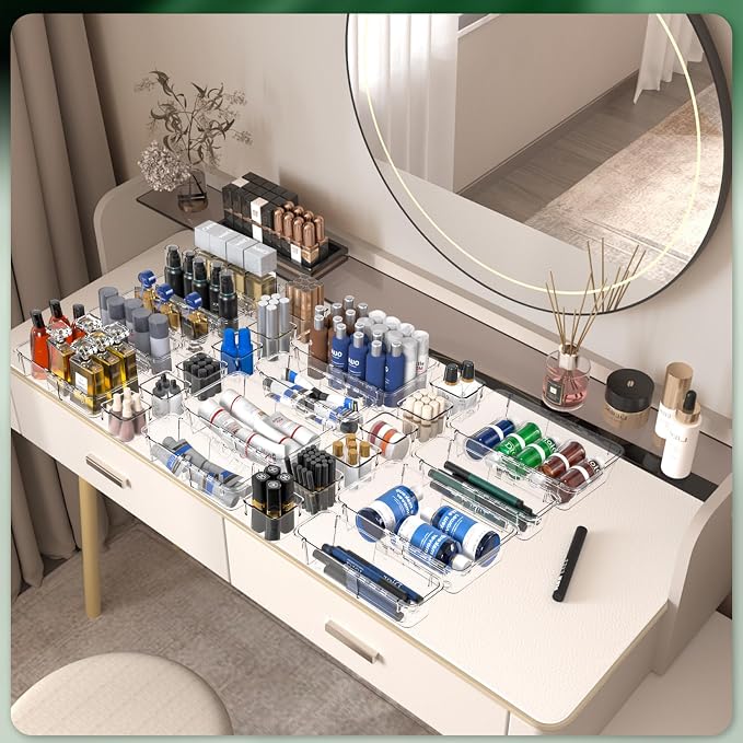 25-Piece Adjustable Clear Acrylic Organizer Set - 3-Size Drawer Storage Bins for Makeup, Kitchen, Bedroom, Desk & Craft Room | Multi-Purpose Home & Office Solution