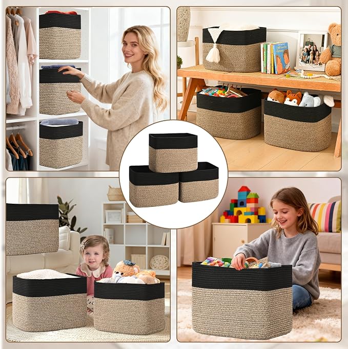 3 Pack Cube Storage Bin, 17”x12”x12” Cotton Rope Woven Baskets for Organizing Toys Clothes Towels, Square Gift Storage Baskets for Shelves, Nursery, Closet, Bathroom, Pantry (Black & Brown)