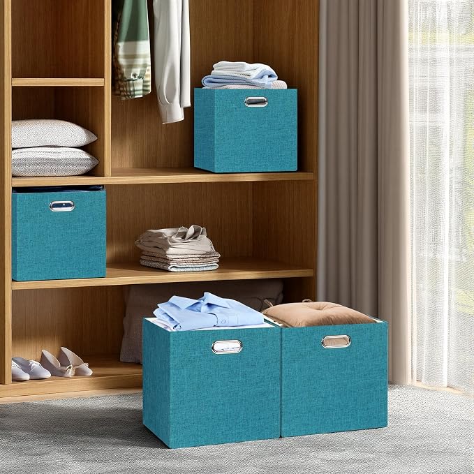 Posprica Collapsible Storage Bins,13×13 Foldable Storage Cube Boxes Fabric Drawer Fabric Storage Bins Vinyl Record Cubby Cubes with Handles for Bookcase, Closet, Shelf, Cabinet, 4 Pack