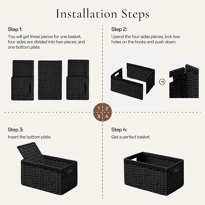 joybest Black Wicker Baskets for Shelves, Hand-woven Storage Baskets | 13L x 10W x 5H inch for Pantry, Kichen Organizing, Foldable Rectangular Bin with Handles, 2-pack