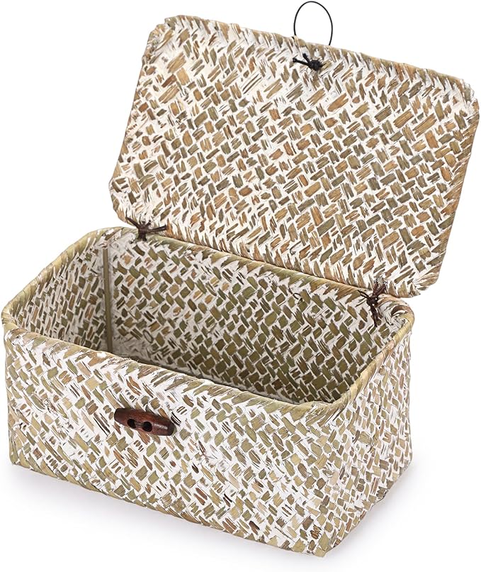 Handwoven Seagrass Basket Small Wicker Basket with Lid,7x4.3x 3.3" | Natural Decorative Box for Shelf, Multipurpose Desktop Organizer Bin for Key & Remote Control, Whitewash