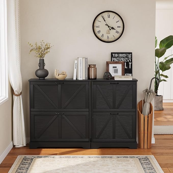 Semiocthome Farmhouse Shoe Storage Cabinet with 2 Flip Drawers, 31.5"(W) Freestanding Shoe Organizer with Barn Door and Metal Handles for Entryway, Corner Rustic Narrow Shoe Rack Cabinet - Black
