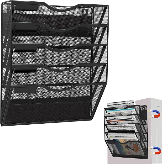 5-Tier Magnetic File Holder, No Drilling Installation File Cabinet Organizer, Black Magnetic File Organizer, Magazine Rack, Magnetic Paper Holder for Refrigerator, File Cabinets, Whiteboard