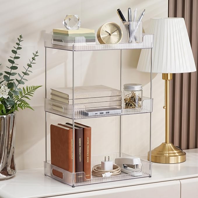 Goderewild 3 Tier Bathroom Counter Organizer, Multi-Purpose Cosmetics Skincare Shelf, Fits A4 Size Makeup Organizer for Office and Vanity Tray, Countertop Storage Solution for Kitchen,Bath.(Clear)