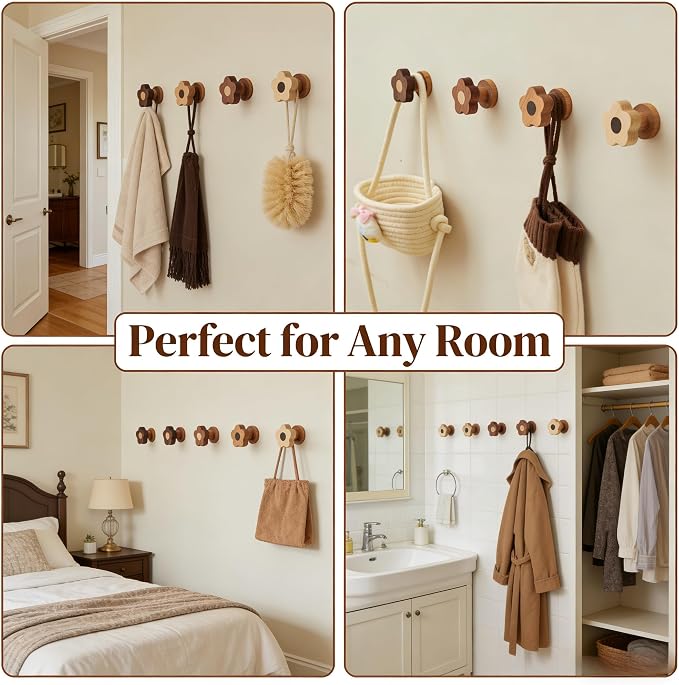 Kids Coat Hooks Wall Mount – Cute Flower Wooden Wall Hooks for Hanging Clothes, Purses, Robes, Towels, Backpacks – Modern Decorative Walnut Hangers for Girls’ Nursery, Bathroom, Entryway & Bedroom