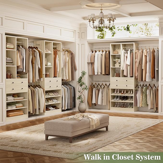 Besiost Closet System, 4.2–8.8 FT Closet Organizer with 2 Wooden Drawers and Shelves, Walk-in Closet System with 5 Hang Rods, Built-in Reach in Closet Tower, Can Fit 60 to 96 inch, Greige Oak