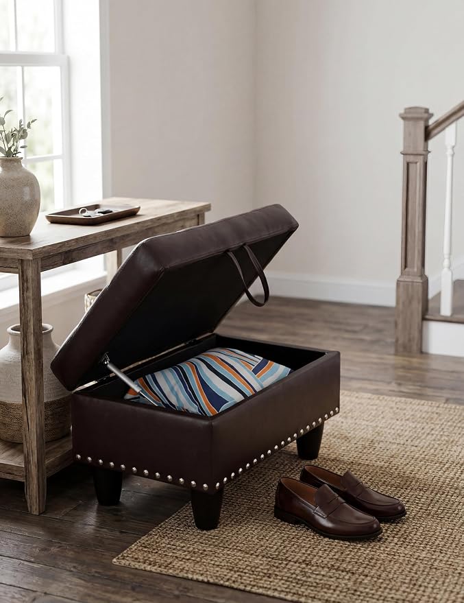 Ottoman with Storage, 28.5 inch Faux Leather Storage Ottoman with Padded Seat, Large Entryway Bench with Solid Wood Frame, Upholstered Sturdy Foot Rest for Living Room, Bedroom, Entryway
