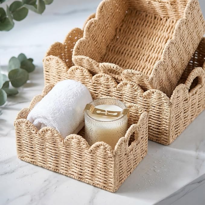 Scalloped Wicker Baskets Set of 3, Hand-Woven Storage with Handles | set of 3 beige scalloped baskets with handles. Hand-woven paper rope for shelves, bathroom or closet. Stackable, sturdy.