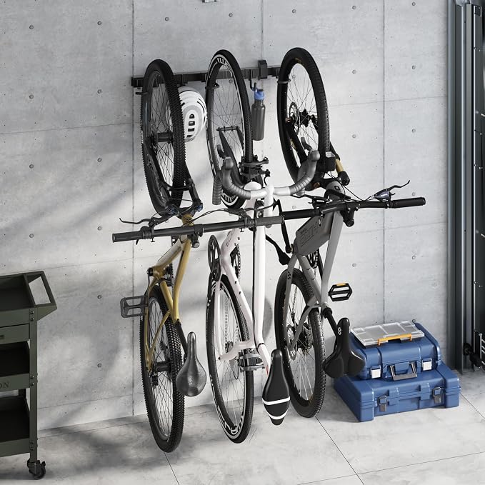 monTEK Enhanced Bike Storage Rack,Adjustable 3-Bike and 2-Helmet Hangers | Customizable for Various Bike Sizes, Heavy-Duty Steel Bike Wall Mount, Max Load 209lbs,for Indoor Bike Storage,32-in