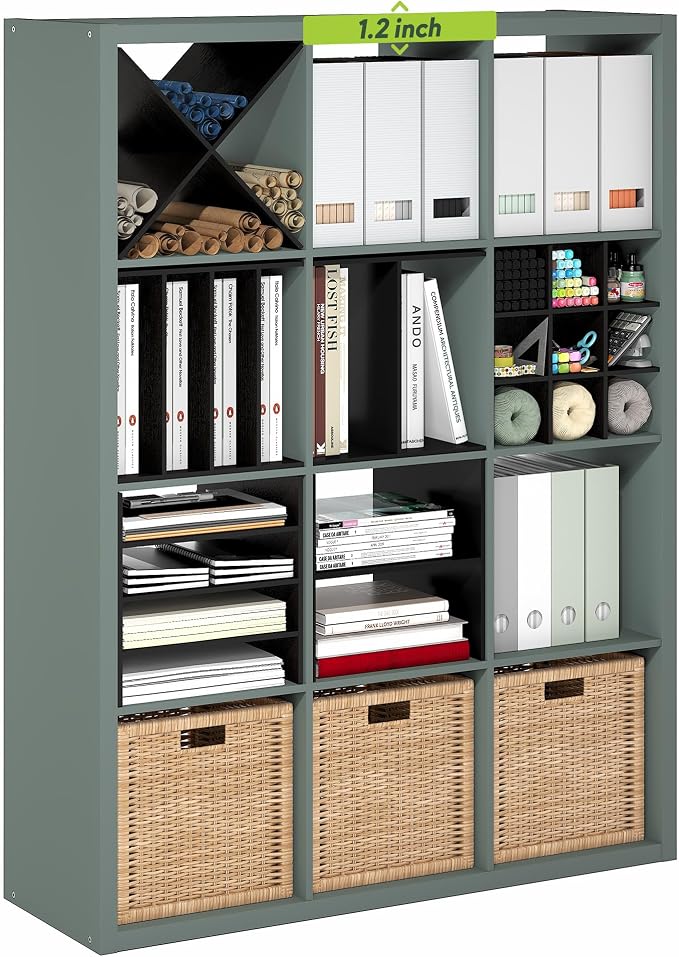 12-Cube Cubicle Bookshelf, Cube Bookcase with Open Back, Reversible Book Shelf, Cube Storage Organizer, 15 x 44 x 58, for Living Room, Home Office, Sage Green