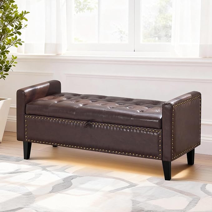 47'' Leather Storage Ottoman Bench, End of Bed Storage Bench with Wooden Legs, Upholstered Tufted Ottoman with Storage for Bedroom, Living Room, Entryway, Dark Brown