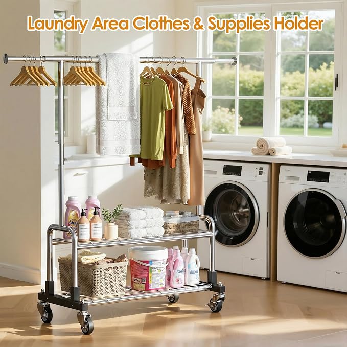 Luxspire Rolling Heavy Duty Clothes Rack with 2 Sturdy Shelves Load 600 LBS | Zinc-iron alloy frame, lockable silent wheels, adjustable extendable rods for bedroom and laundry room garment storage