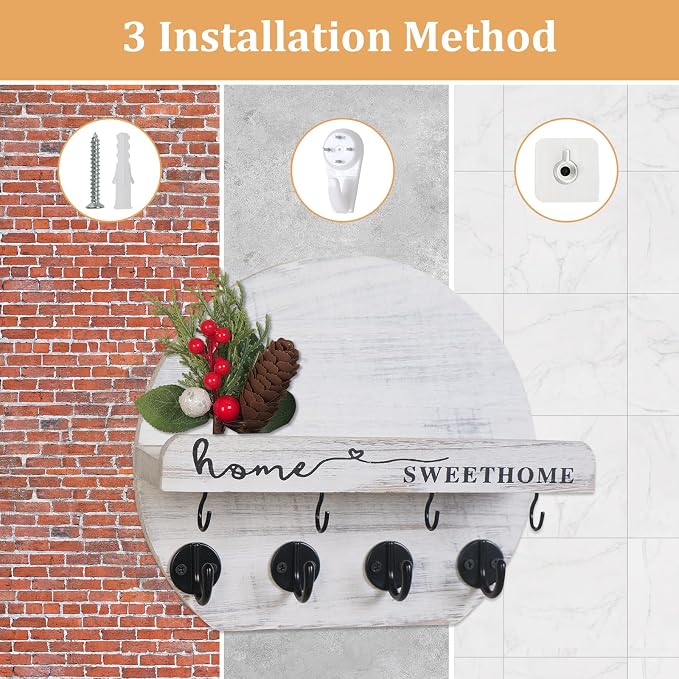 Key Holder for Wall, Key and Mail Holder Organizer - Key Holder Wall Mount with Bouquet Shelf and Key Hooks, Round Wooden Rustic Key Rack for Entryway and Home Decor (Pale White)