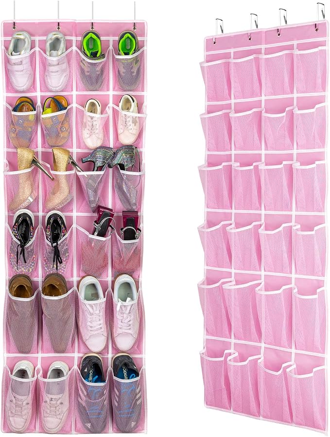 SAVERHO 2 Pack Hanging Shoe Organizer,Over Door Shoe Organizer with 24 Mesh Large Pockets Shoe Storage Bag for Sport Shoes Size:58x21 Inch Hanging Door Shoe Rack Organizer (Pink-2pack)