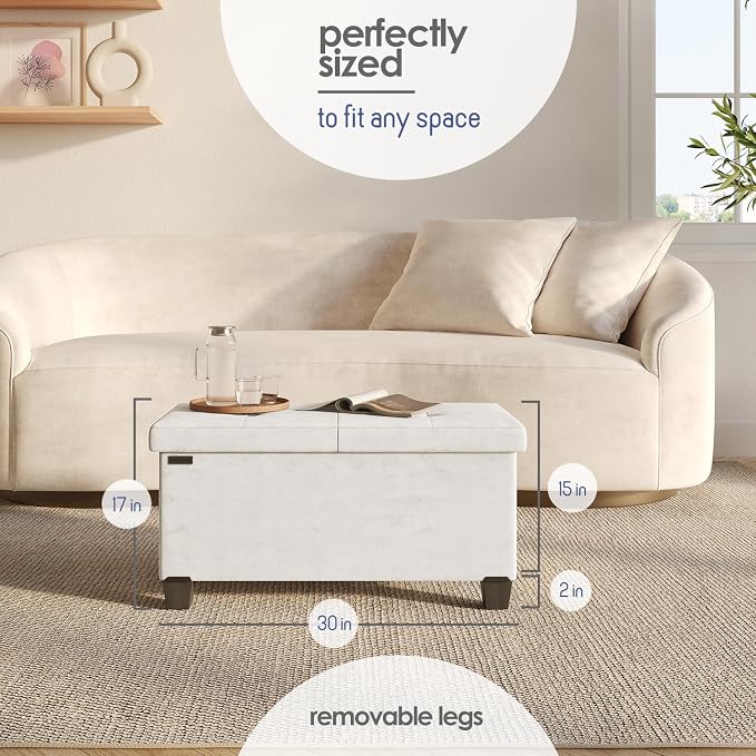 Storage Ottoman Bench with Bins, 30-in Storage Bench for Bedroom End of Bed, Folding Foot Rest Ottoman for Living Room Max 660lbs, Velvet Ottomans, Cream