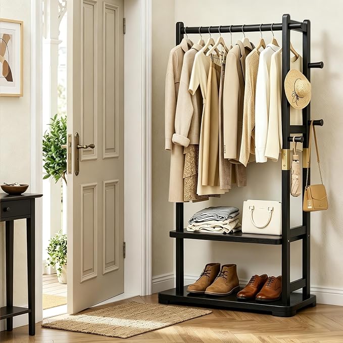 Solid Wood Clothes Rack with 2 Shelves & 4 Hooks for Hanging Clothes Garment Wallets Hats, Black Clothing Rack Heavy Duty Coat Rack Freestanding with Storage Hall Tree for Hallway Bedroom Living Room | Hallway bedroom living room, durable wood construc...