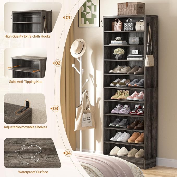 Aheaplus Tall Shoe Cabinet, 10 Tiers Narrow Wood Shoe Rack, Shoe Storage Organizer with Open Storage, Vertical Shoe Shelf Tower for 20-22 Pairs, Space Saving, for Closet, Entryway, Bedroom, Black Oak