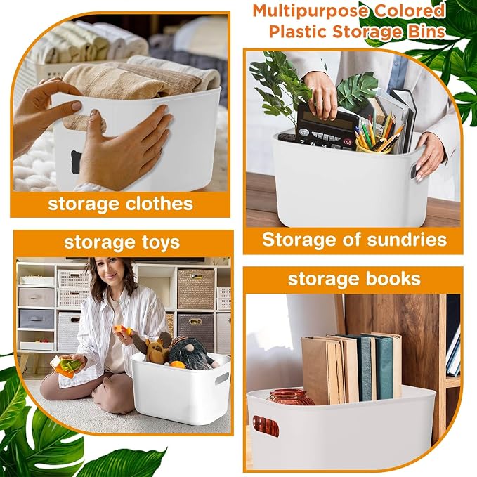 Thyle 12 Pack White Plastic Storage Bins with Lids, Back to School Stackable Storage Container with Handle Label for Organizing Toy Craft for Classroom Shelf Bedroom Office 10 x 7 x 6 Inch