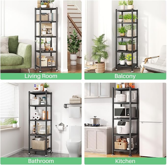 PXRACK 5-Tier Kitchen Storage Shelves, Adjustable Metal Shelves for Storage Pantry Shelves with Rolling Wheels, Storage Rack Shelving Unit Organizer for Bedroom Laundry Closet