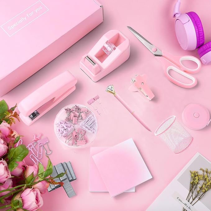 Pink Desk Accessories, Pink Office Supplies, Stapler, Staple Remover, Tape Holder, Pen Holder, Ballpoint Pen, Scissor, Binder Clips, Paper Clips and 1000pcs Staples.