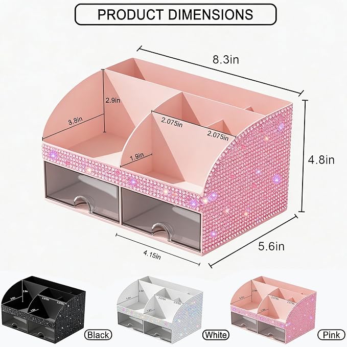 Bling Makeup Organizer with Drawers, Cosmetic Storage for Dresser Vanity and Bathroom Countertop, Beauty Holder for Lipstick Brush, Skincare Organizer for Vanity, Cosmetic Display Case Bling Pink