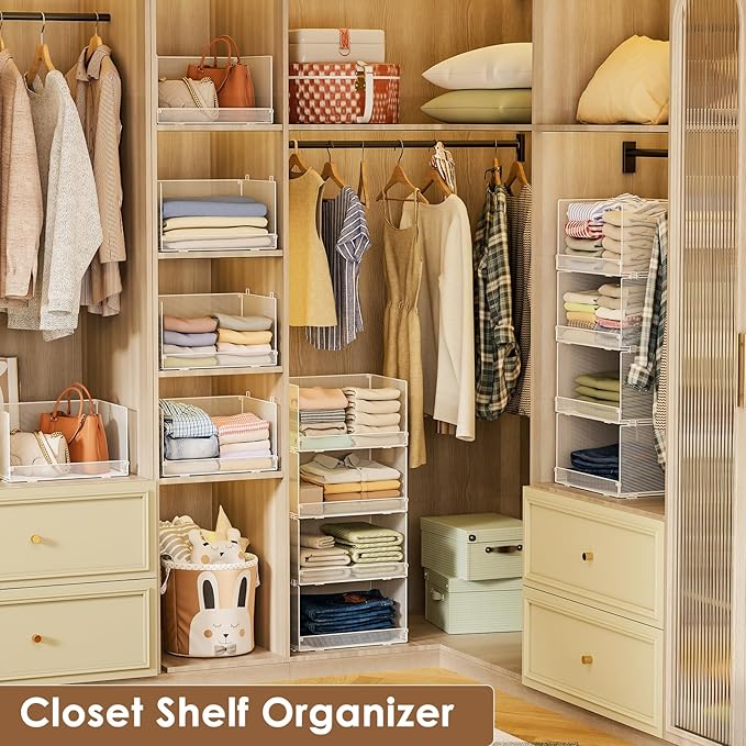Tiaoheka 4-Tier Stackable Closet Organizers and Storage Shelves, Foldable Closet Shelf Organizer, Stackable Storage Bins Drawers for Closet Organizer System, White(Patent Pending)