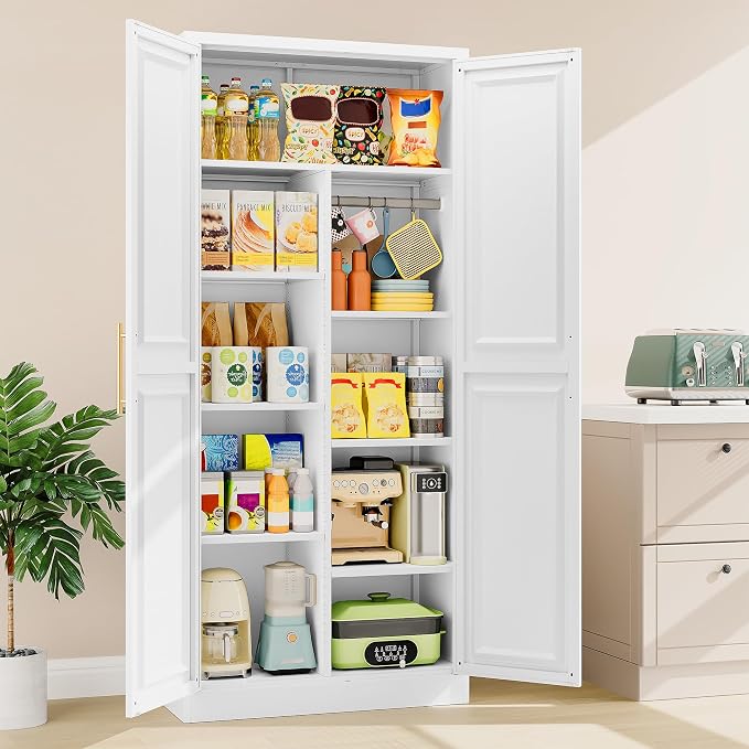 SISESOL 71" Tall Storage Cabinet with 9 Shelves and Hanging Rod,Kitchen Pantry Cabinet with 2 Door,White Metal Storage Cabinets,Large Cupboard for Home,Kitchen,Laundry,Bathroom