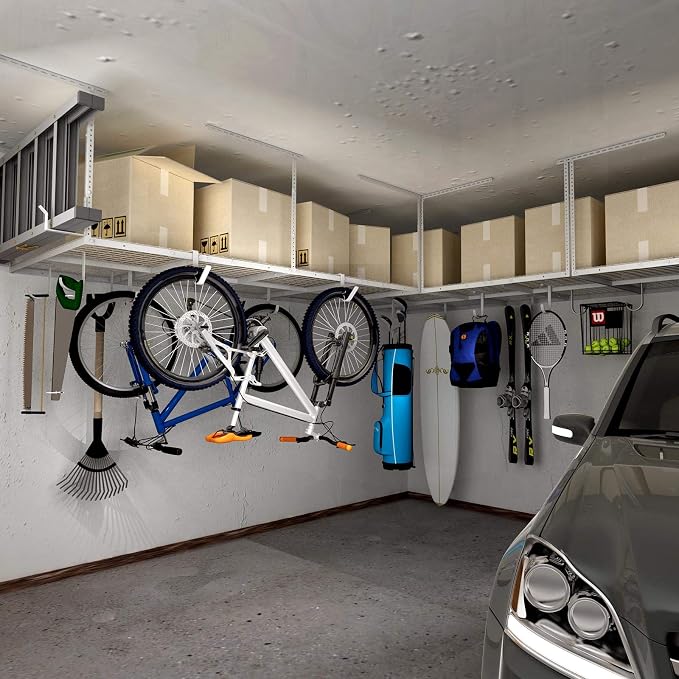 FLEXIMOUNTS 4x8 Overhead Garage Storage Rack, Adjustable Organization System, Heavy-Duty Metal Ceiling Racks, 2 pack, White, Classic Series