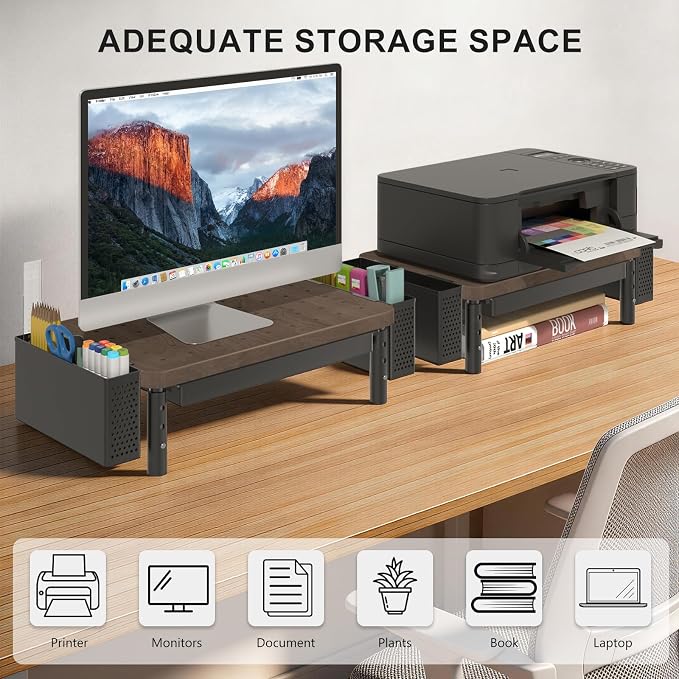 WALI Plastic Computer Monitor Stand with Storage, Desk Organizer with Drawer and Pen Holder, Desk Monitor Riser 3 Height Adjustable, Laptop Riser for Computer, Laptop, Printer(PTT003-C), 1 Pack, Brown