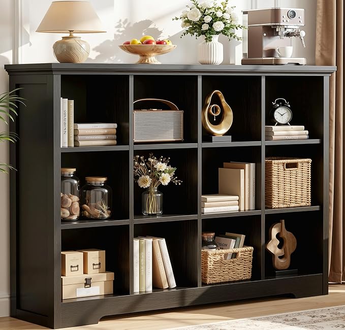Aheaplus Wooden 12-Cube Storage Organizer with Charging Ports, Modern Cube Bookcase with Base, 4-Tier Floor Standing Open Cubbies Bookshelf, Cubicle Display Shelf for Home and Office, Black