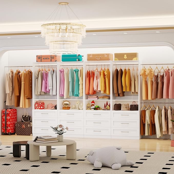 Closet System with 4 Sets, 8FT-21FT Customizable Closet Organizer System with 12 Drawers &4 Shelves & 8 Hanging Rods, Freestanding Closet Storage System, Modular Tower L-Shaped Walk-in Closet, White
