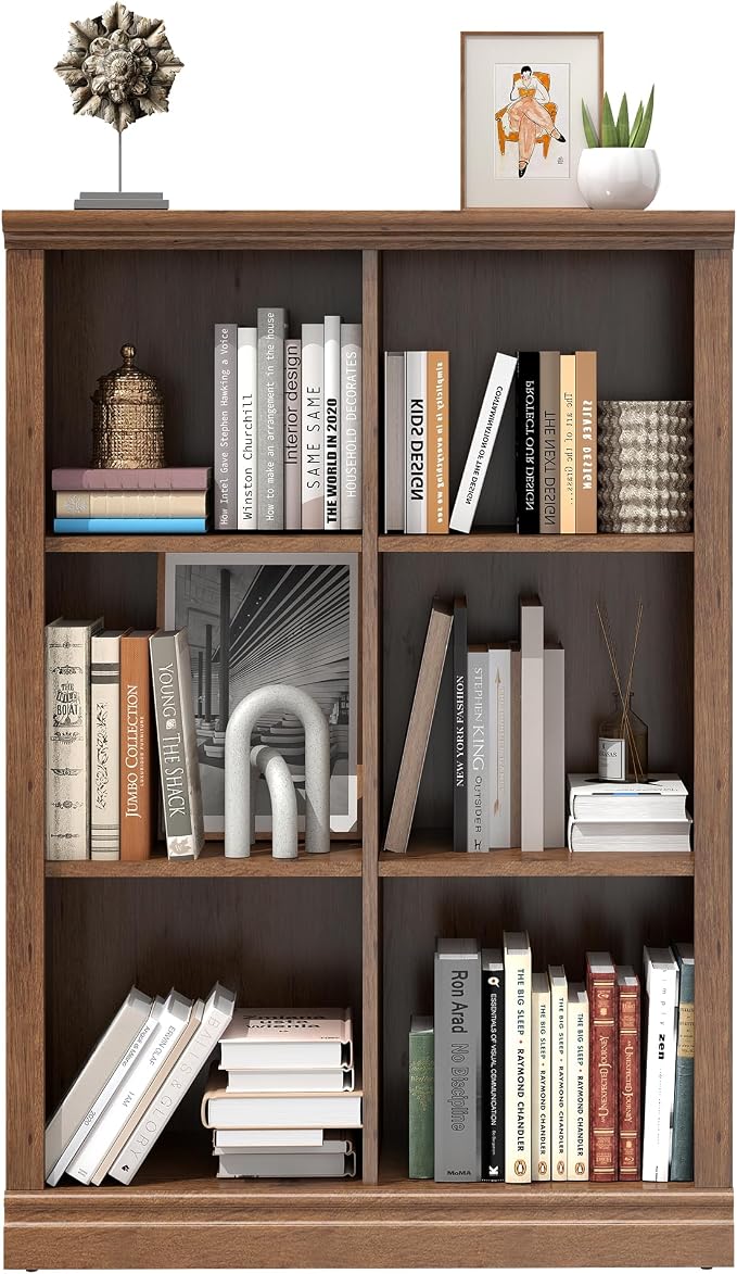3 Tiers 6 Cube Storage Organizer Bookcase, 30 inch Width Wooden Book Shelf | 6 Storage Cube Adjustable Space Book Case, Vertical Bookshelf Display Cabinet Organizer for Home Library Office, Vintage Oak