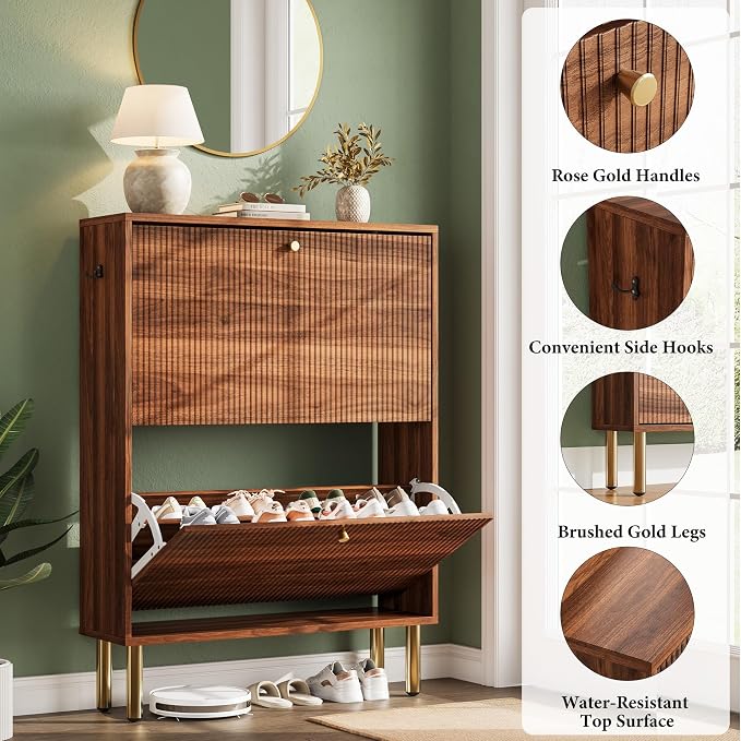 Nicetree Shoe Storage Cabinet for Entryway - 2 Flip Drawers Shoe Cabinet with Tiered Fluted Design - Slim Shoe Storage Rack with Gold Legs - Narrow Shoe Cabinet Hidden Shoe Organizer for Small Spaces