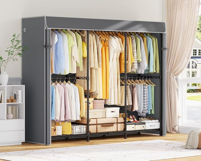 E14C Pro Heavy Duty Closet Organizer System,Freestanding Clothing Racks for Hanging Clothes,Adjustable Garment Rack 69" W × 16" D × 77" H Hold 960 lbs,Black Rack with Grey Dustproof Cover