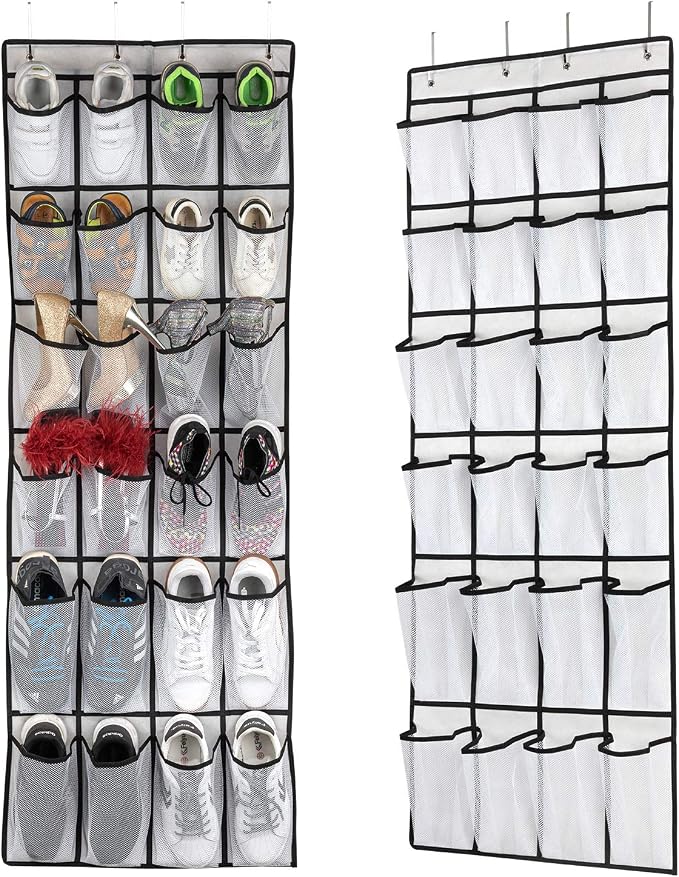 SAVERHO Hanging Shoe Organizer, Over The Door Shoe Organizer with 24 Mesh Large Pockets Door Shoe Rack for Men Women Kids Hanging Door Shoe Holder Size:58x21 Inch (White-2pack)