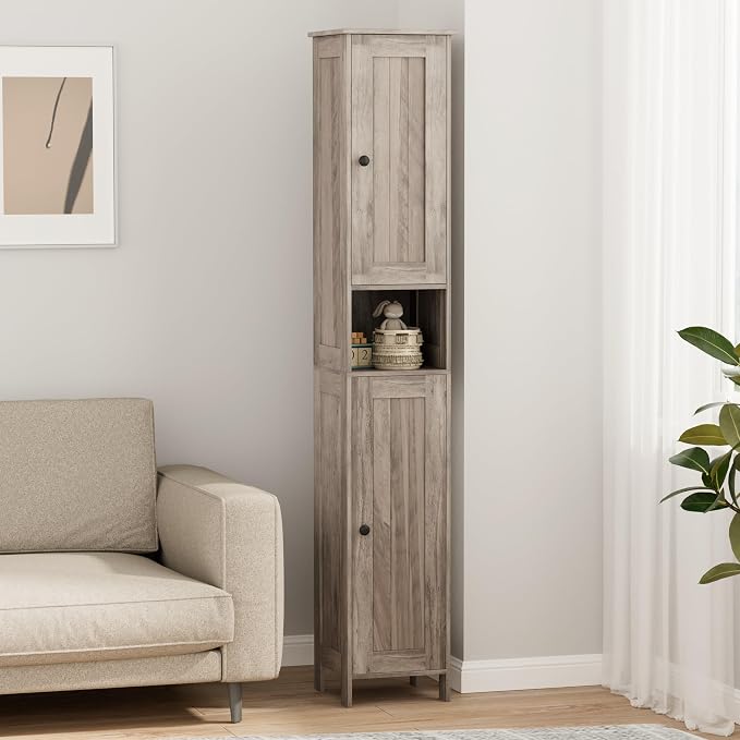 Homleke Tall Bathroom Storage Cabinet with 2 Doors, Slim Bathroom Cabinet | Narrow Storage Cabinet with Adjustable Shelves, Anti-Tip Design, Reversible Door, Easy Assembly, Greige, 11.8''W