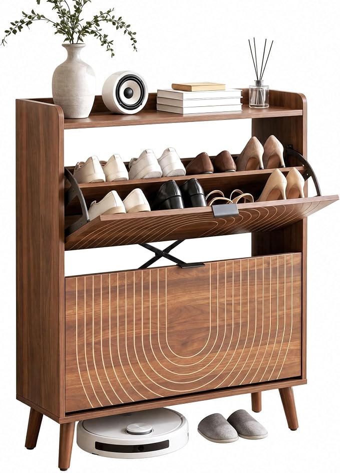 Arch-Chic Shoe Cabinet for Entryway with 2 Flip Door | Farmhouse, Walnut color, Adjustable shelves, Tabletop guardrail, Freestanding shoe storage cabinet, for Entryway/hallway