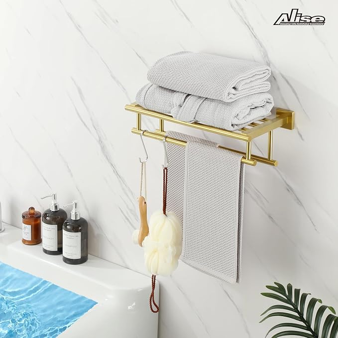Alise Double Towel Rack for Bathroom Wall Mounted 20 Inch,Brushed Gold | SUS304 Stainless Steel Towel Rack with Shelf,Bathroom Tower Holder Towel Shelf with Double Towel Bars for Bath Kitchen