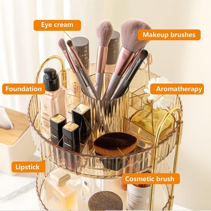 YCIA&DONE Rotating Makeup Organizer for Vanity, Large Capacity Make Up Storage Skin care Shelf Perfume Holders Cosmetic Dresser Organizer Countertop Spinning 360 (Amber Gold, 3Tiers)