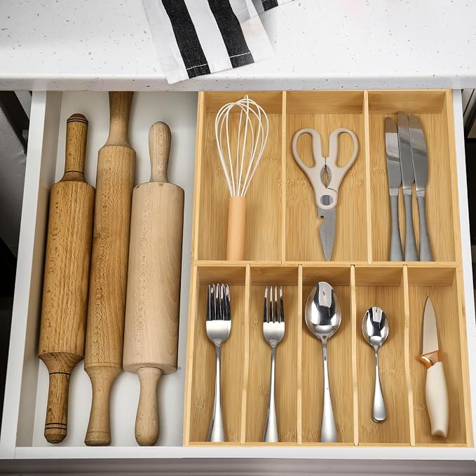 Fabsome Silverware Organizer for Kitchen Drawers, 2.5'' Deep 12.8'' Wide Bamboo Wood Flatware Tray with Deep Slots for Large Cutlery Utensil Drawer