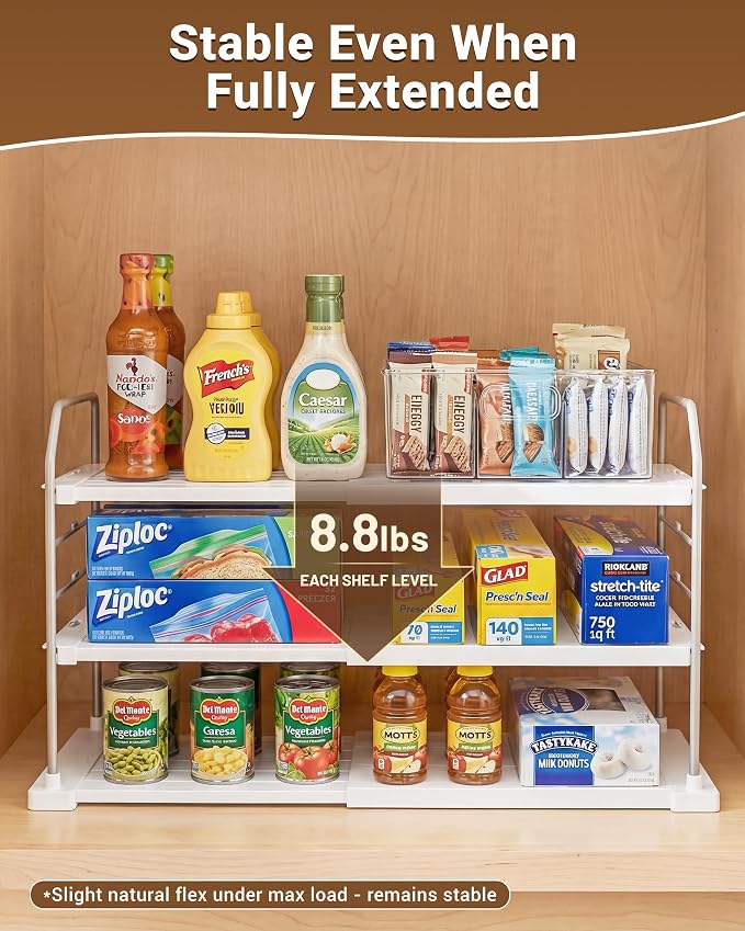 EVERIE Extendable 3-Tier Kitchen Cabinet & Pantry Organizer for Plastic Wrap, Foil & Storage Bags, Adjustable Heavy Duty Shelf Rack for Wrap Boxes, Jars & Snack Boxes (11–16.7 in Wide), Pack of 1