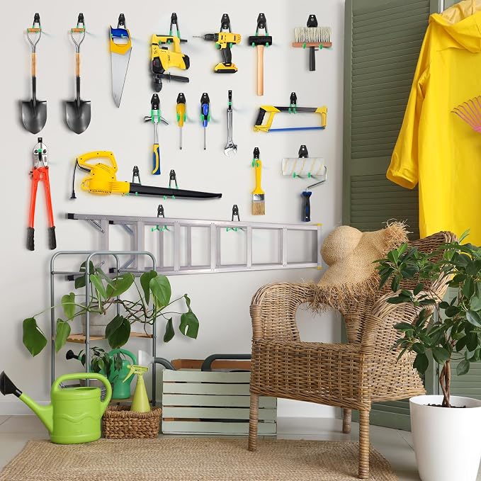 Garage Hooks, 20-Pack Steel Garage Accessories for Organization and Storage, Heavy Wall Mount Duty Hooks with Anti-Slip Coating for Hanging Ladder, Bike, Power Tools and More Tools, Green