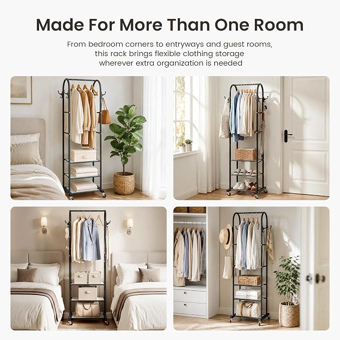 Cesun Heavy Duty Clothes Rack with 3-Tier Mesh Shelves & 8 Hooks, Black | Space-Saving Design, Lockable Wheels, Easy Assembly, Stainless Steel, Small Garment Rack for Entrance/Bedroom/Living Room