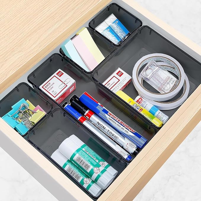 StorMiracle 10 PCS Drawer Organizer Set, 4 Varied Size Bathroom and kitchen Drawer cabinet organizer Trays, Clear Storage Bins for Makeup, Jewelry, Utensils and Gadgets, Black